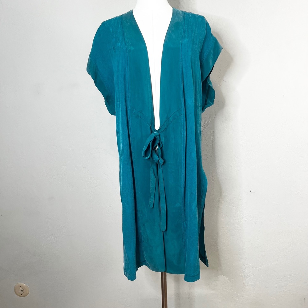 Palapala Wearable Art Teal Blue Silk Kimono‎ Kaftan Jacket Vest Tie Waist Small
